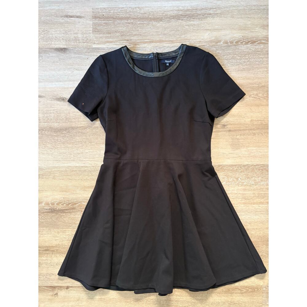Madewell fit and flare black knit dress w/ a leather trim neckline
